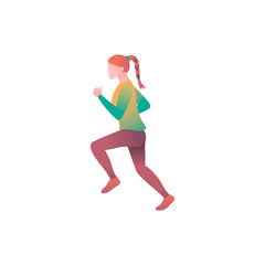 Fototapeta na wymiar Athlete runs, flat vector illustration. A girl in sportswear outdoors jogging. A teenage girl participates in a running or marathon competition and runs against an isolated white background.