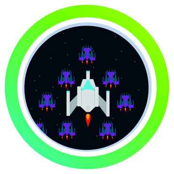 Round icon for social media stories. Perfect for bloggers. Retro video game, screen, arcade space warships, shooting, background map, vector graphic design illustration. 16 bit, 8 bit . Space place. 