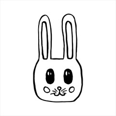 Hand-drawn hare head cartoon - vector illustration in doodle style. Black outline on a white background.