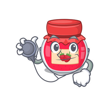 A mascot picture of strawberry jam cartoon as a Doctor with tools