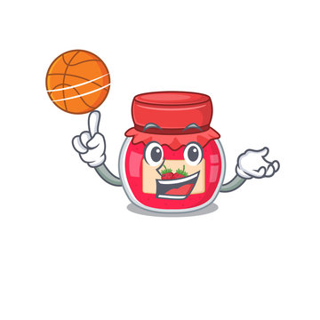 A mascot picture of strawberry jam cartoon character playing basketball