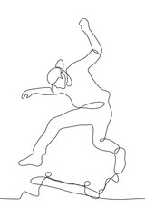 One continuous line drawing of a boy skateboarder performing a trick. A young man jumps high above his skateboard. Vector illustration of a skateboarder