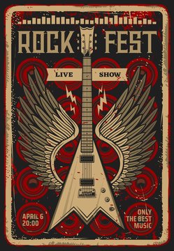 Rock festival music concert retro poster. Vector electric guitar with wings, equalizer sound waves and lightnings on background with loudspeakers. Rock fest live show grunge invitation design