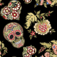 Seamless pattern, background with patch, embroidery imitation. Decorative floral motif with human skull in retro, vintage, jacobean embroidery style. Vector illustration isolated on black.