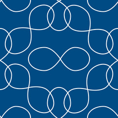 Simple seamless abstract vector pattern of white lines-infinity signs on a classic blue background. Modern design for paper, fabric, packaging, Wallpaper.