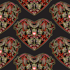 Seamless pattern with mbroidered love heart-shaped patch with a floral pattern in vintage style with rhinestones and sparkles. Vector illustration isolated on black background.