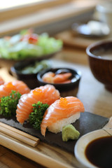 Salmon Sushi with soup salad Japanese local food