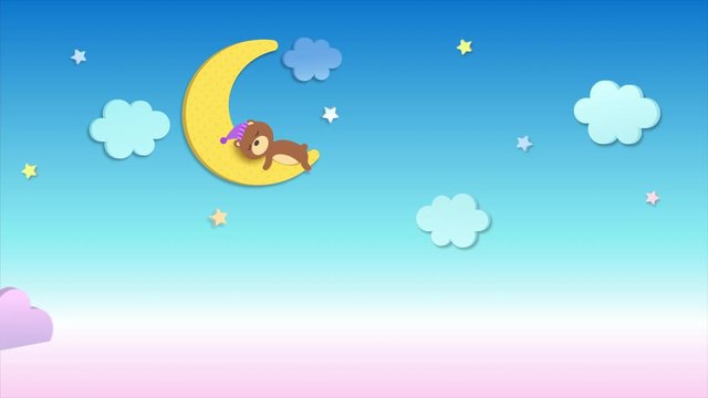 Baby bear sleeping on moon sky