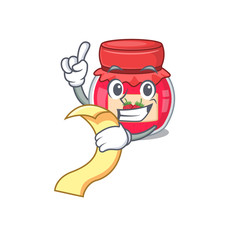 A funny cartoon character of strawberry jam holding a menu