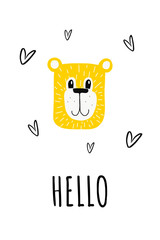 Teddy bear, poster for children s room, greeting card, printing on the wall, pillow, children s interior decoration. vector hand-drawn illustration.bear face and letters hello