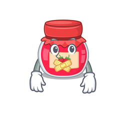 cartoon character design strawberry jam making a silent gesture