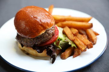 homemade Hamburger with fried in close up