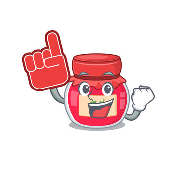 A picture of strawberry jam mascot cartoon design holding a Foam finger