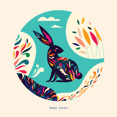 Colorful illustration with hare. Happy easter greeting card with decorative easter bunny	