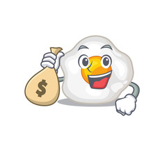 Rich and famous fried egg cartoon character holding money bag