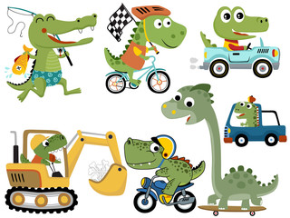 set of cute green monsters cartoon in various activities