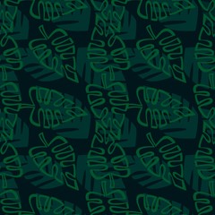 Exotic tropical vector seamless pattern. Leaves of palm trees, monstera, leaves in the jungle. Hand drawn. For design, wrapping paper, fabric, textile, carpets, clothes, wallpaper, trendy background.