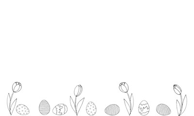 Easter spring background with growing contour flowers tulips and eggs on the bottom edge