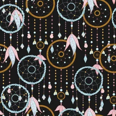 Wallpaper murals Dream catcher Vector hand drawn seamless pattern with dream catcher and feathers. Tribal background with hand drawn boho style elements feathers and dreamcatchers. Best for wrapping, textile or print design