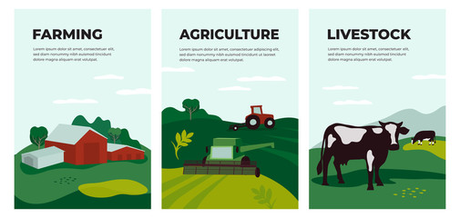 Vector illustrations of agriculture, farming and livestock. Posters with farmland landscape, tractor plows on field, agricultural building, cow in pasture. Template for banner, flyer, cover, brochure.