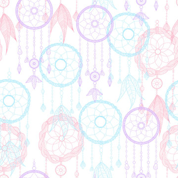 Hand drawn illustration with indian dreamcatchers and feathers. Seamless pattern. Vector illustration. Ethnic design, boho chic, tribal symbol. Good fabric, textile, wallpaper