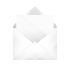 Open white envelope with paper sheet or invitation card template. Vector realistic mockup isolated on white background.