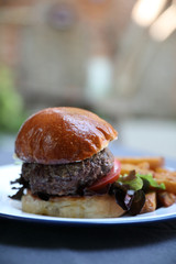 homemade Hamburger with fried in close up