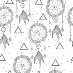 Hand getekende illustratie met Indiase dromenvangers en veren. Naadloze patroon. Vector illustratie. Etnisch design, boho chic, tribal symbool. Goede stof, textiel, behang