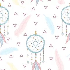 Wall murals Dream catcher Vector hand drawn seamless pattern with dream catcher and feathers. Tribal background with hand drawn boho style elements feathers and dreamcatchers. Best for wrapping, textile or print design