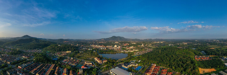 Aerial panaroma view town of Kulim, Kedah, Malaysia. The Kulim District is a district and town in the state of Kedah, Malaysia. It is located on the southeast of Kedah, bordering Penang. 