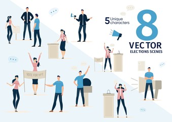 Elections Agitation, Political Promotion, Public Protest or Demonstration Scenes, Concepts Trendy Flat Vectors. Political Party Activists, Democratic Elections Candidate Characters Illustrations Set