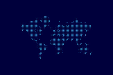 Abstract computer graphics world Map of blue round dots on a dark blue background. 