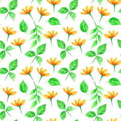 Watercolor cute ornate flowers seamless pattern. Flourish background in decorative style. Detailed colorful flowers, petals and natural elements. Hand painted floral illustration