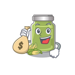 Rich and famous pistachio butter cartoon character holding money bag