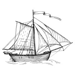 Old caravel, vintage sailboat. Hand drawn vector sketch.