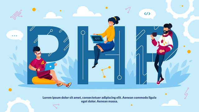 PHP Programming Language and Software Development Advertisement. Capital Letter and tiny Man Woman Programmer Team Working on Laptop, Drinking Coffee Design. Technology Process with Script Code