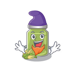 cartoon mascot of funny pistachio butter dressed as an Elf