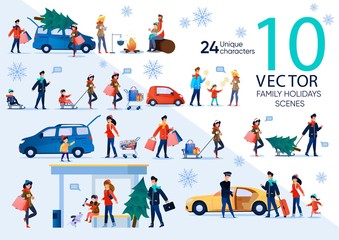 Christmas and New Year Family Celebration, Winter Vacation Leisure Trendy Flat Vector Scenes Set. Parents with Children Shopping Gifts for Holidays, Riding Sled, Buying Christmas Tree Illustrations