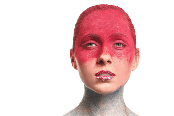 Beautiful woman with unusual makeup on white background