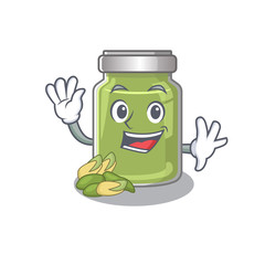 Waving friendly pistachio butter mascot design style