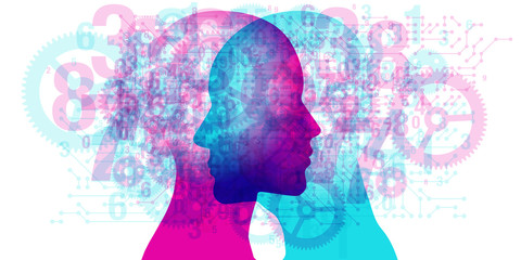 A male and female side silhouette positioned face to face, overlaid with various semi-transparent shapes, machine gears, circuit board patterns and numbers.