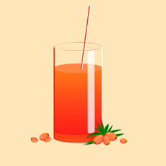 Fresh sea buckthorn juice with straws. Berry juice on a light background. Juice vector illustration.