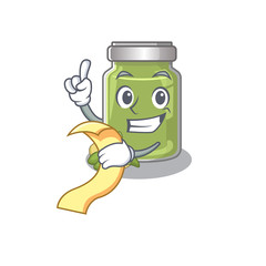 A funny cartoon character of pistachio butter holding a menu