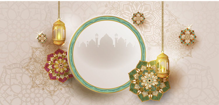Ramadan kareem with golden ornate crescent and islamic line mosque dome with classic pattern and lantern islamic luxury celebration holiday background