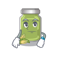 cartoon character design of pistachio butter on a waiting gesture