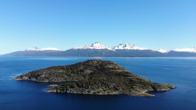 Flying over small island in Beagle channel next to Tierra del Fuego natinal park near Ushuaia.