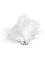 Subject shot of a hair clasp with snow-white downy feathers and clear crystals. The fancy hairpin is isolated on the white background.  © RedUmbrella&Donkey