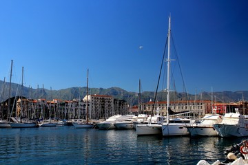 evocative image of sailboats moored in the harbor on a sunny day