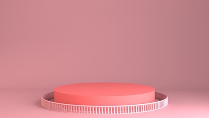 Abstract pastel geometric shape background. 3D pink podium scene with pedestal. Empty showcase