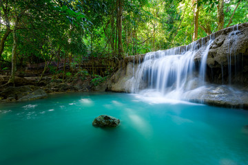 Fototapeta na wymiar Beauty in nature, Huay Mae Khamin waterfall in tropical forest of national park, Kanchanaburi, Thailand